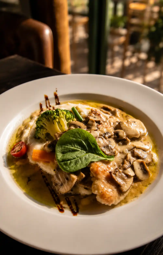 Chicken Scaloppini at Toscano Amanora featured in our Toscano Pune review, served with creamy mushroom sauce, mashed potatoes, and seasonal vegetables.