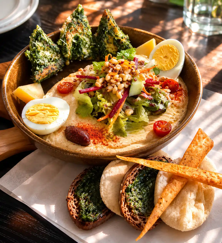 Hummus Pesto Chicken at Toscano Amanora featured in our Toscano Pune review, served with grilled pesto chicken, hummus, fresh salad, and artisan bread.